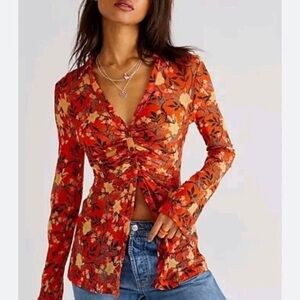 Free People Floral Ruched Blouse - Orange and Black